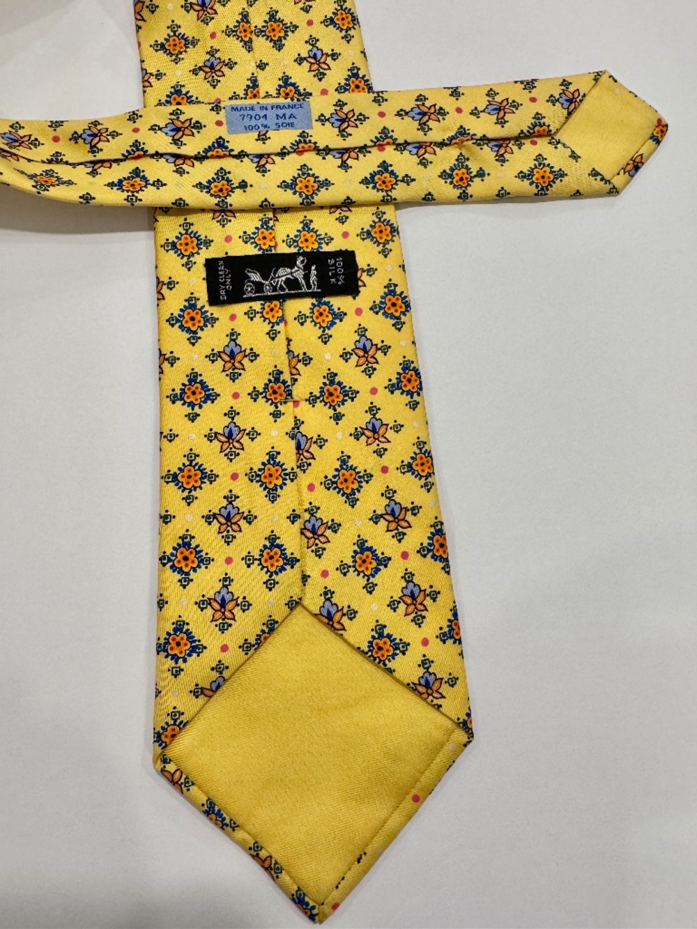 Hermes Paris Silk Tie Yellow, Blue and Orange Print France Luxury Designer